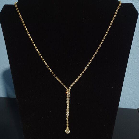 Gold-Toned Clear Rhinestone Y-Necklace, 18" - Picture 1 of 3